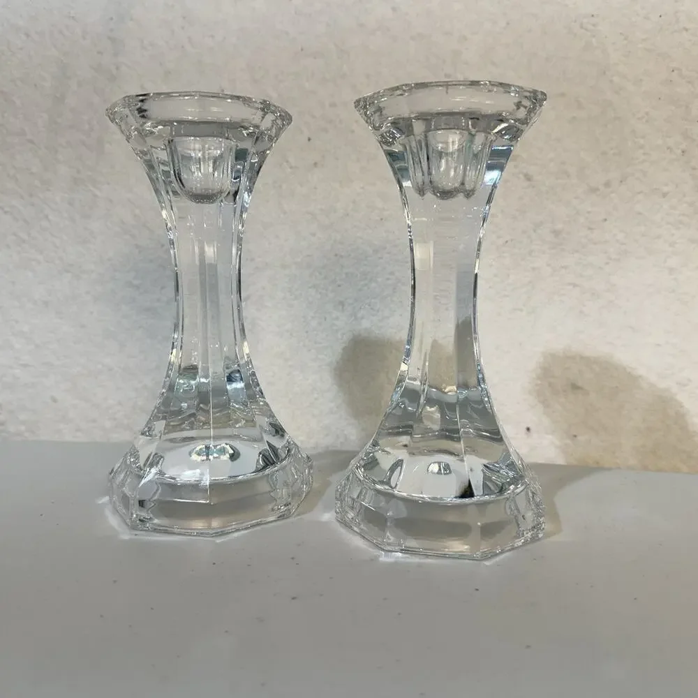 VTG Crystal Clear Glass Candle Holder 6.5” Tall Candlesticks Pair Set Japan Made